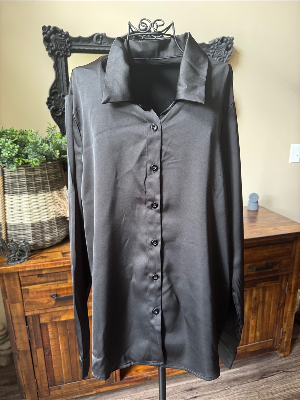 Women’s Classic Black Satin Button-Up Shirt